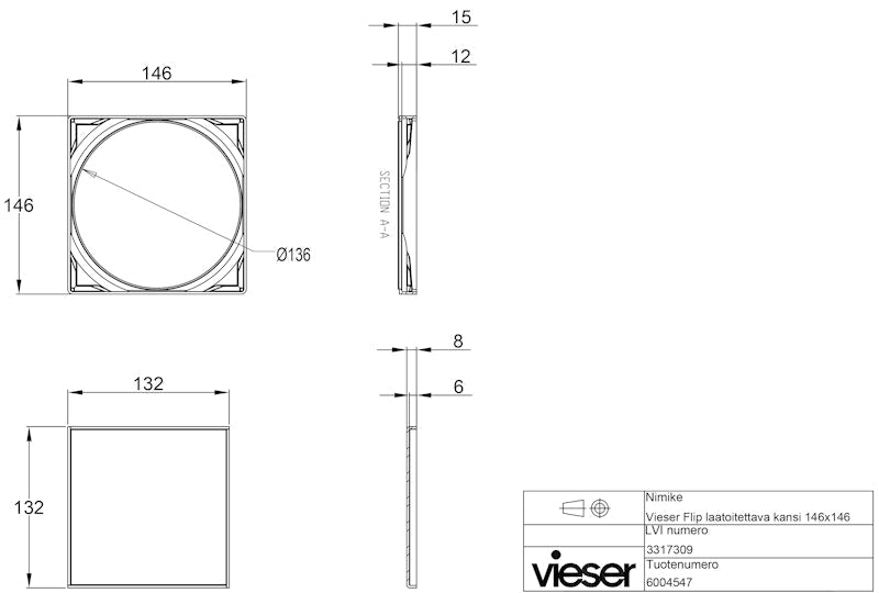 Neliökansi RST Vieser Flip 146x146 mm laatoitettava kansi [3317309]