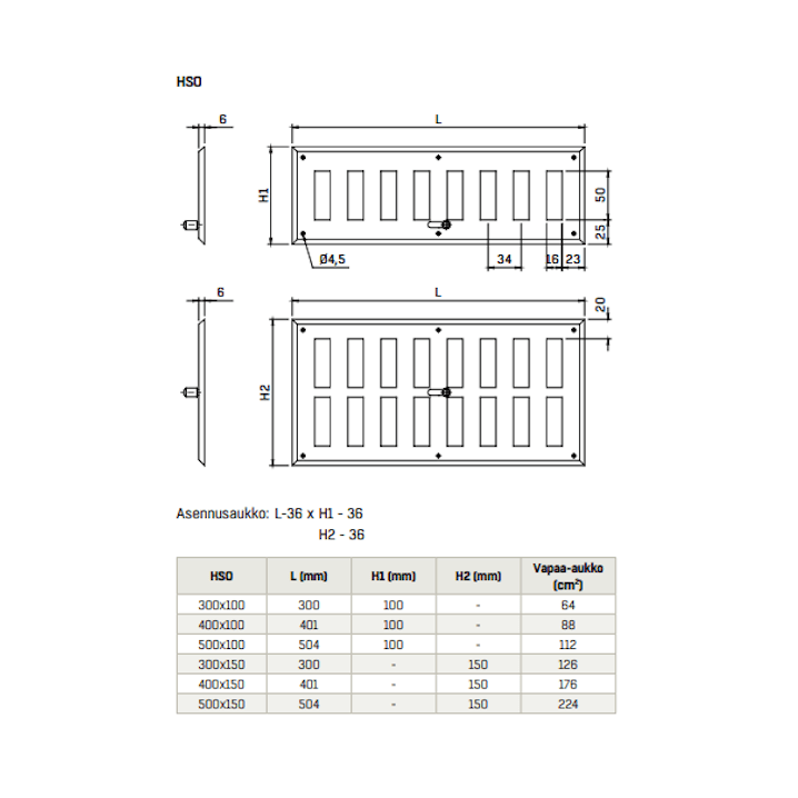 Vapaavirtaussäleikkö säädettävä FläktGroup HSO 500x150 8813382