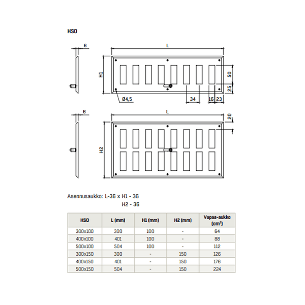Vapaavirtaussäleikkö säädettävä FläktGroup HSO 500x150 8813382