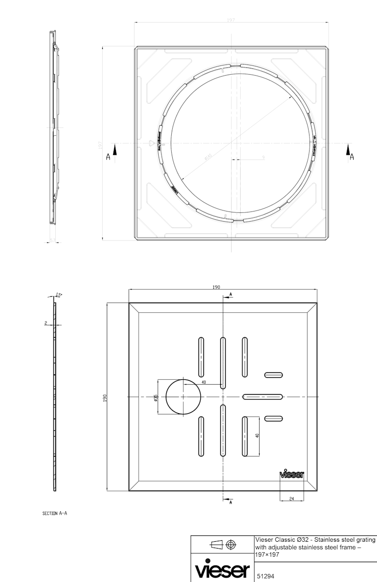 Square cover stainless steel Vieser Classic+ 197x197 mm 32 holes adjustable frame [3315978]