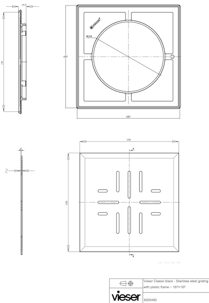 Neliökansi RST Vieser Classic+ 197x197 mm muovikehys musta [3317314]