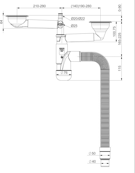Keittiövesilukko Prevex Flexloc 2-osainen koripohjaventtiili D9NF4-001 [5975314]