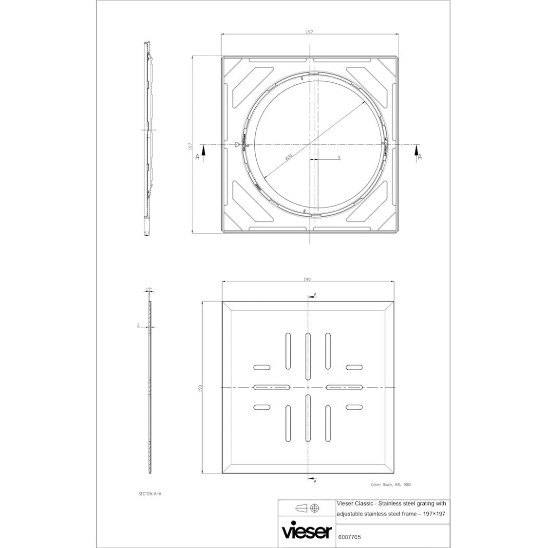 Neliökansi Vieser Classic teräskehyksellä 6007765 Musta 197X197 [3317356] |