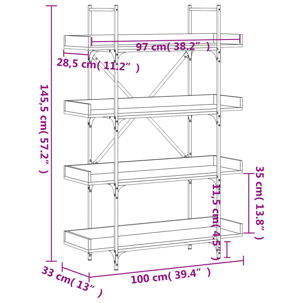 Kirjahylly 4 Tasoa 100X33X145,5 Cm Tekninen Puu