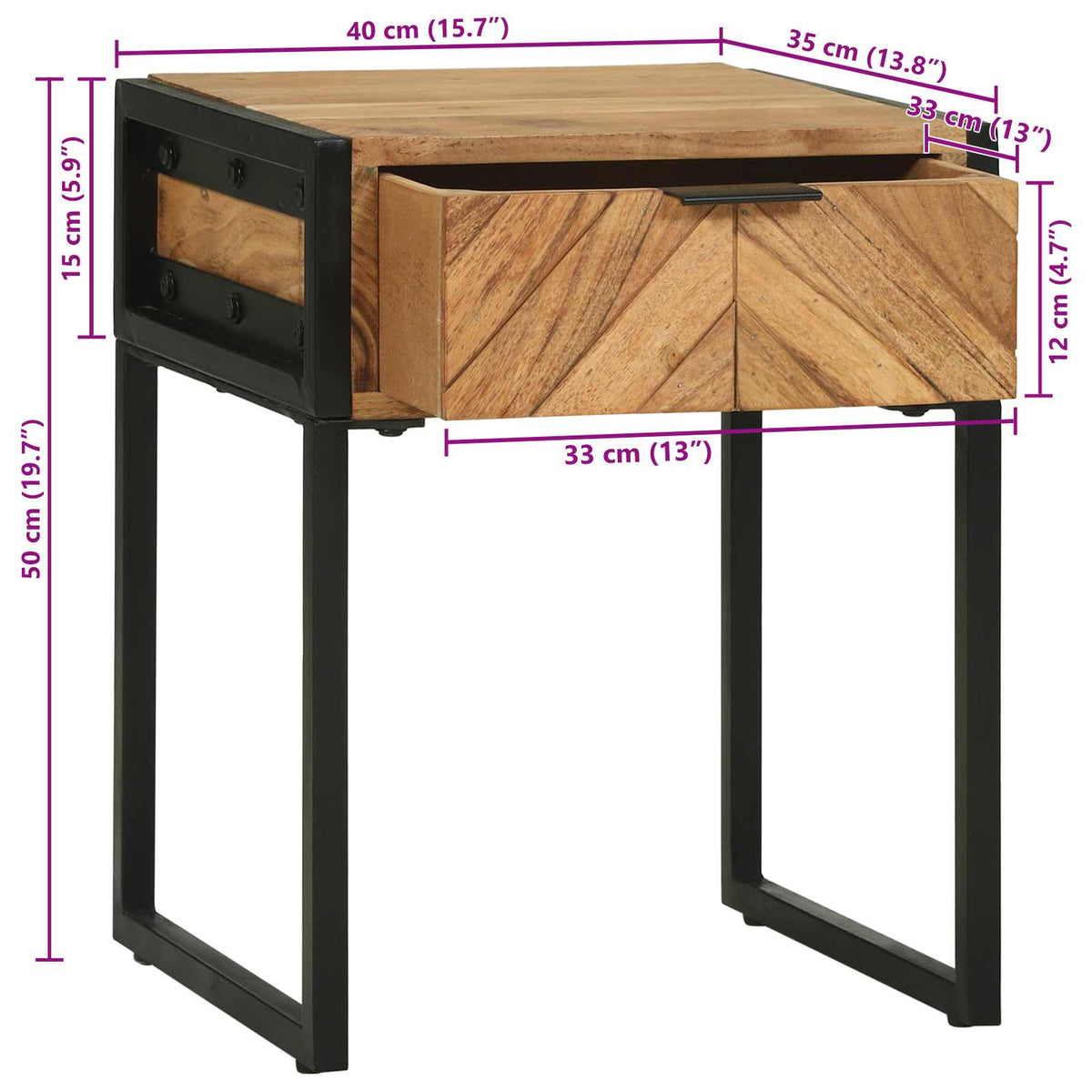 Yöpöytä Ruskea 40 X 35 X 50 Cm Tiivis Akaasiapuu Ja Metalli