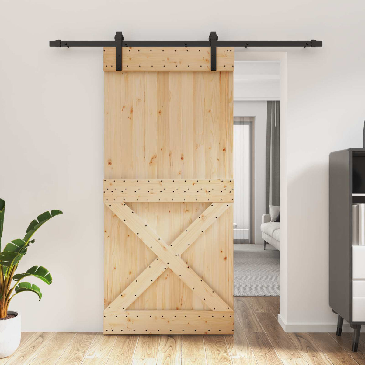 Liukuovi Luonnollinen Ja Musta 95 X 210 Cm Massiivinen Mänty