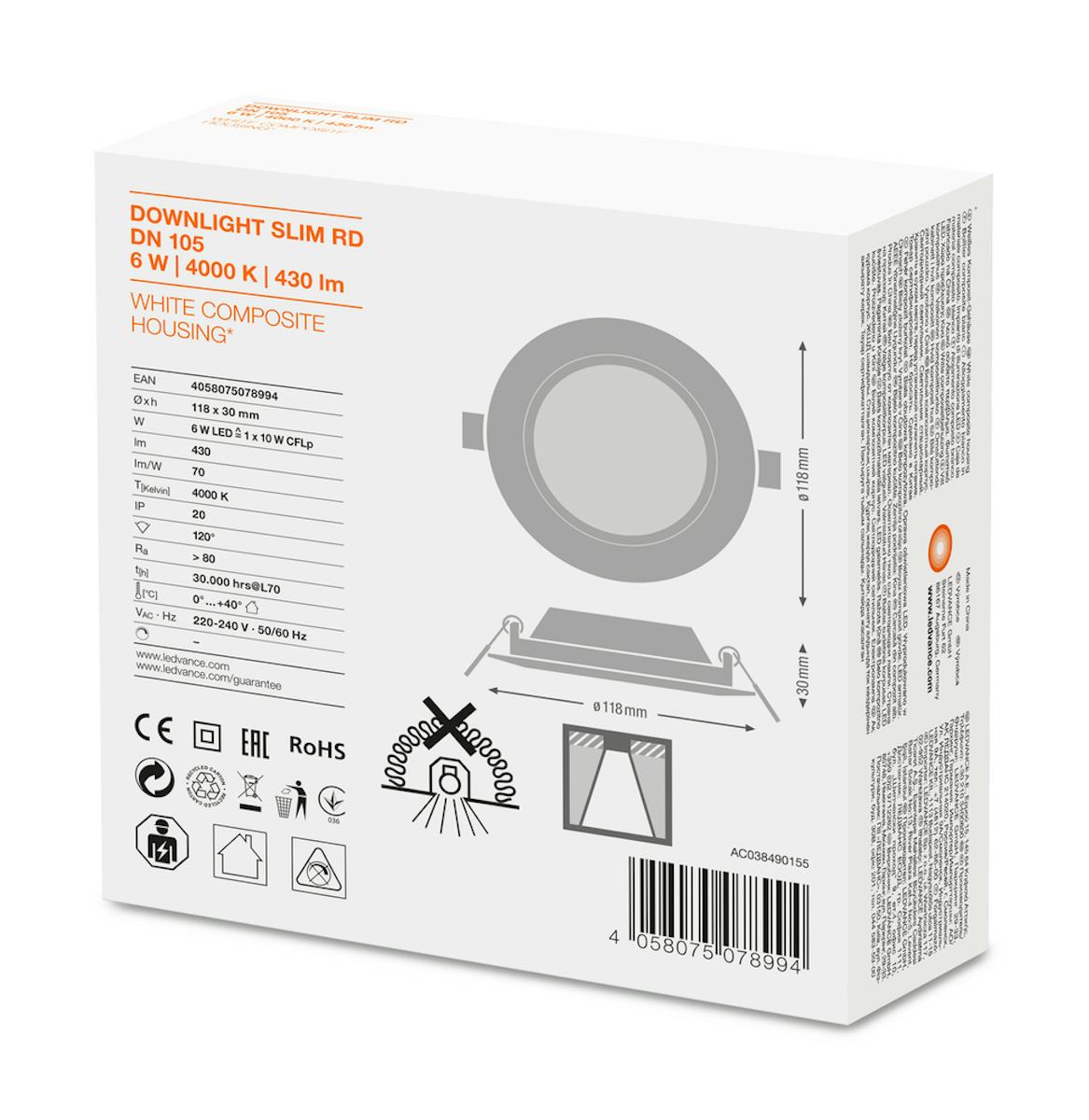 Alasvalo Downlight Slim Dl Slim Dn105 6W/4000K Wt [4295632]