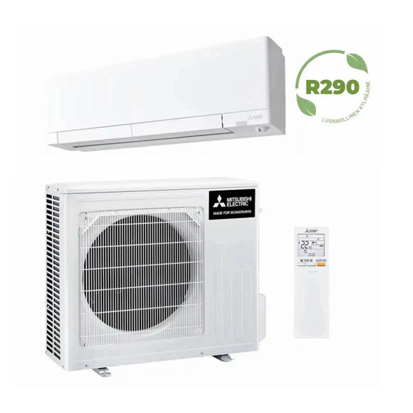 Tyylikäs mattapintainen Mitsubishi Electric RZ35 R290 ilmalämpöpumppu pohjoisen oloihin